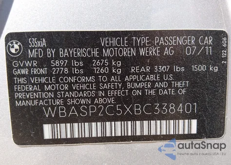 2011 BMW 535I Gran Turismo xDrive z USA, uszkodzony, nr VIN WBASP2C5XBC338401